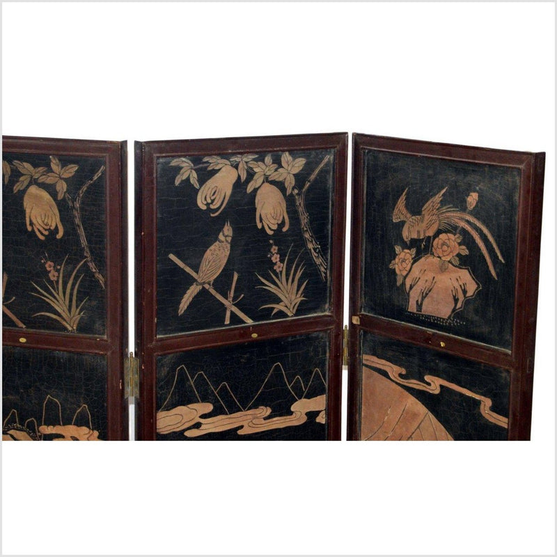 4-Panel Black Lacquered Screen with Chinoiserie-YN2839-4. Asian & Chinese Furniture, Art, Antiques, Vintage Home Décor for sale at FEA Home