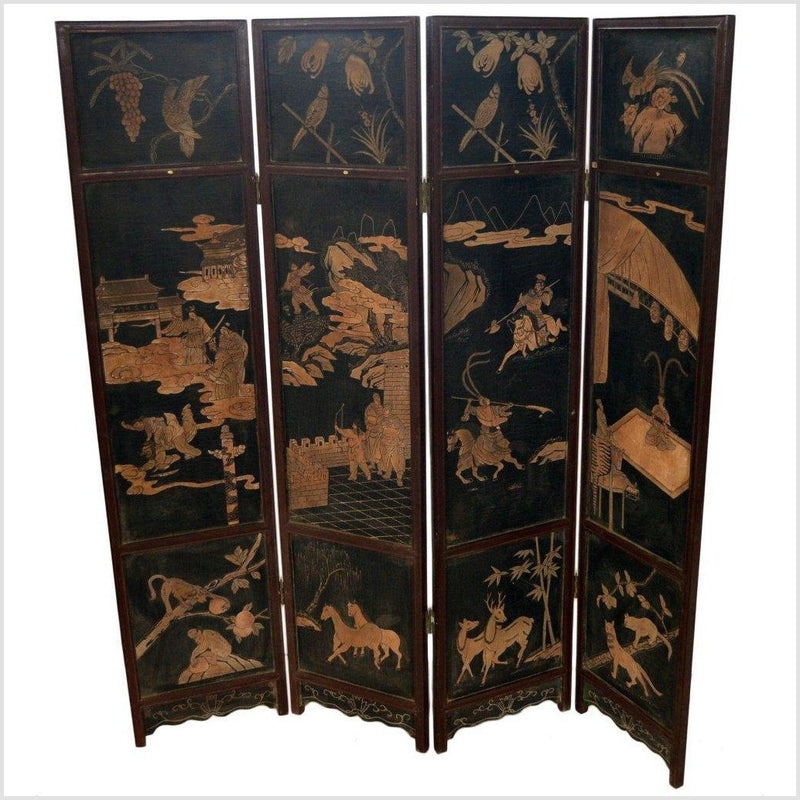 4-Panel Black Lacquered Screen with Chinoiserie-YN2839-1. Asian & Chinese Furniture, Art, Antiques, Vintage Home Décor for sale at FEA Home