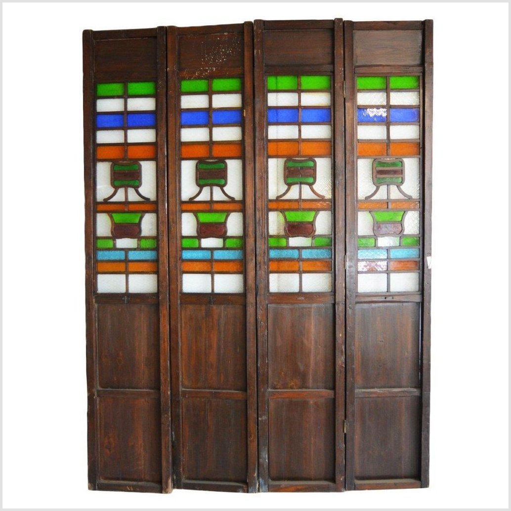 4-Panel Multi-Color Stained Glass and Carved Bottom Panels-YN2931-10. Asian & Chinese Furniture, Art, Antiques, Vintage Home Décor for sale at FEA Home