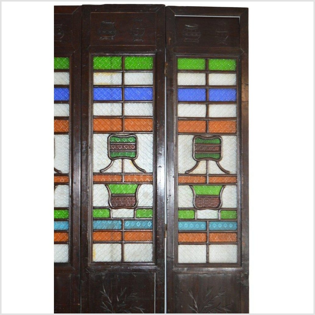 4-Panel Multi-Color Stained Glass and Carved Bottom Panels-YN2931-2. Asian & Chinese Furniture, Art, Antiques, Vintage Home Décor for sale at FEA Home
