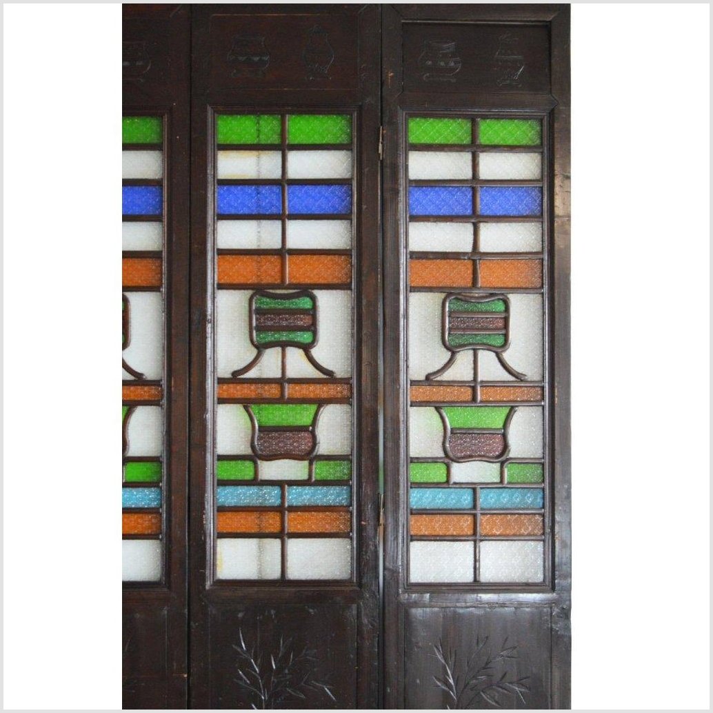 4-Panel Multi-Color Stained Glass and Carved Bottom Panels-YN2931-3. Asian & Chinese Furniture, Art, Antiques, Vintage Home Décor for sale at FEA Home