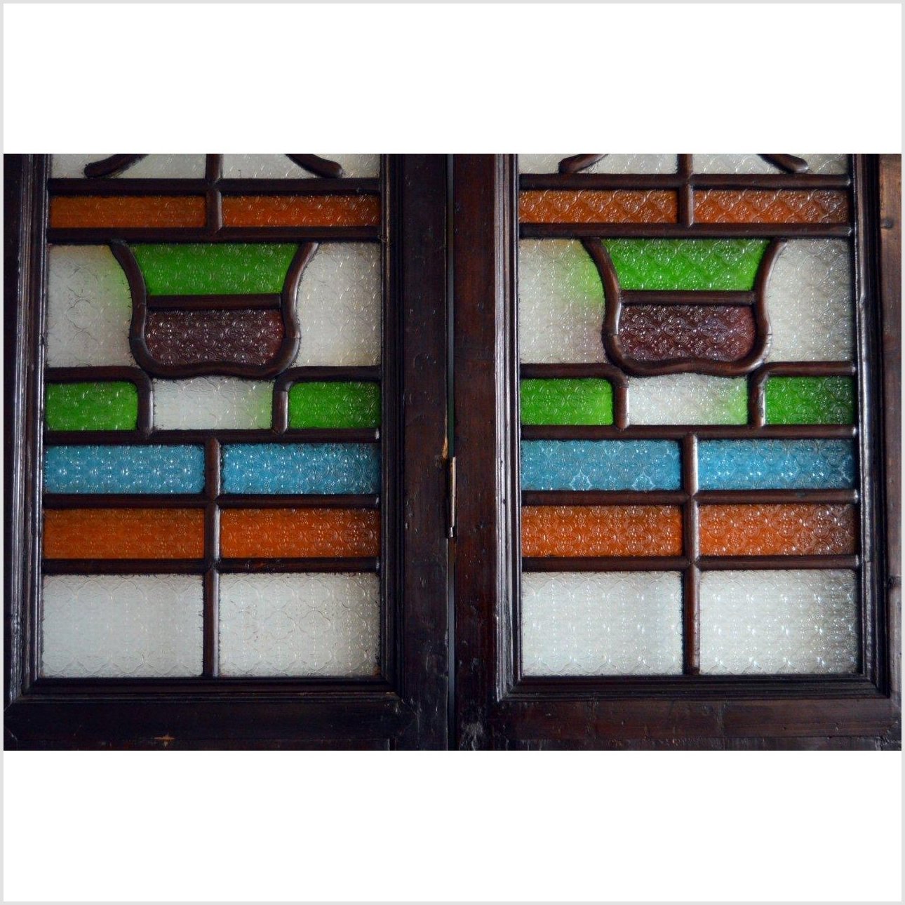 4-Panel Multi-Color Stained Glass and Carved Bottom Panels-YN2931-9. Asian & Chinese Furniture, Art, Antiques, Vintage Home Décor for sale at FEA Home