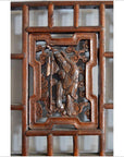 Brown wooden 2-panel screen with open fretwork and intricate decorative patterns, rectangular frame, Asian style.