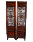Brown wooden 2-panel screens with open fretwork design and solid wood base panels.