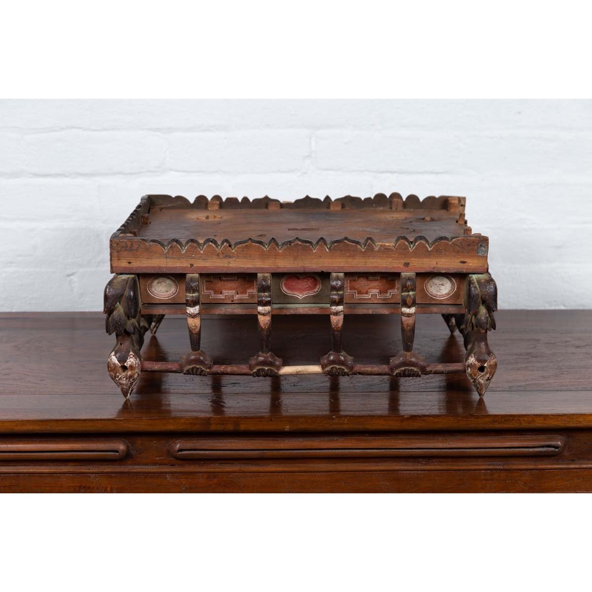 Petite Japanese Edo Period Folk Art Altar Table with Carved and Painted Motifs-14. Asian & Chinese Furniture, Art, Antiques, Vintage Home Décor for sale at FEA Home