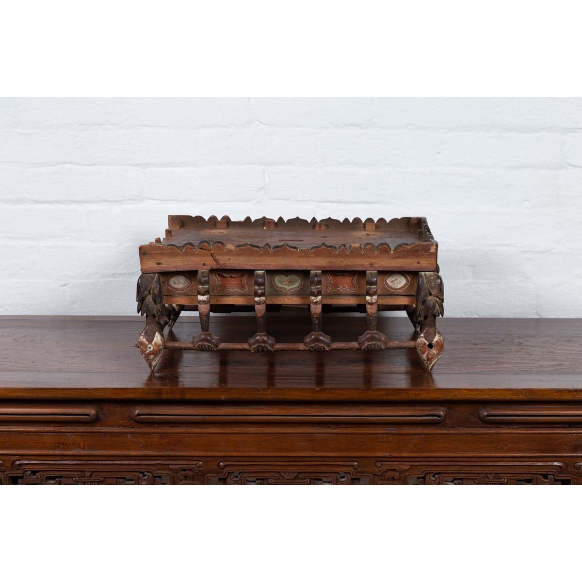 Petite Japanese Edo Period Folk Art Altar Table with Carved and Painted Motifs-4. Asian & Chinese Furniture, Art, Antiques, Vintage Home Décor for sale at FEA Home