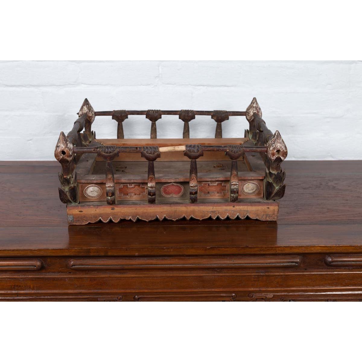 Petite Japanese Edo Period Folk Art Altar Table with Carved and Painted Motifs-7. Asian & Chinese Furniture, Art, Antiques, Vintage Home Décor for sale at FEA Home