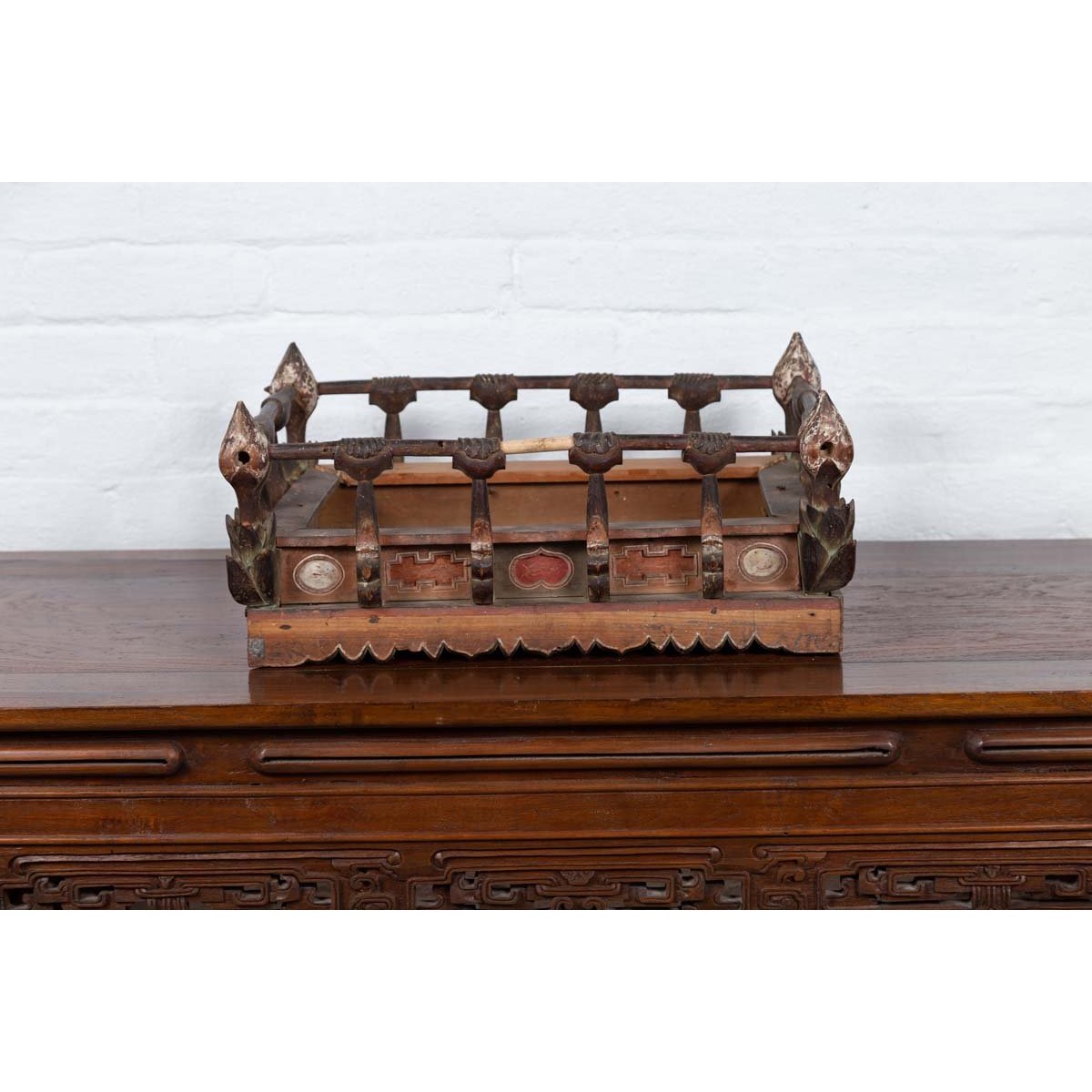 Petite Japanese Edo Period Folk Art Altar Table with Carved and Painted Motifs-8. Asian & Chinese Furniture, Art, Antiques, Vintage Home Décor for sale at FEA Home