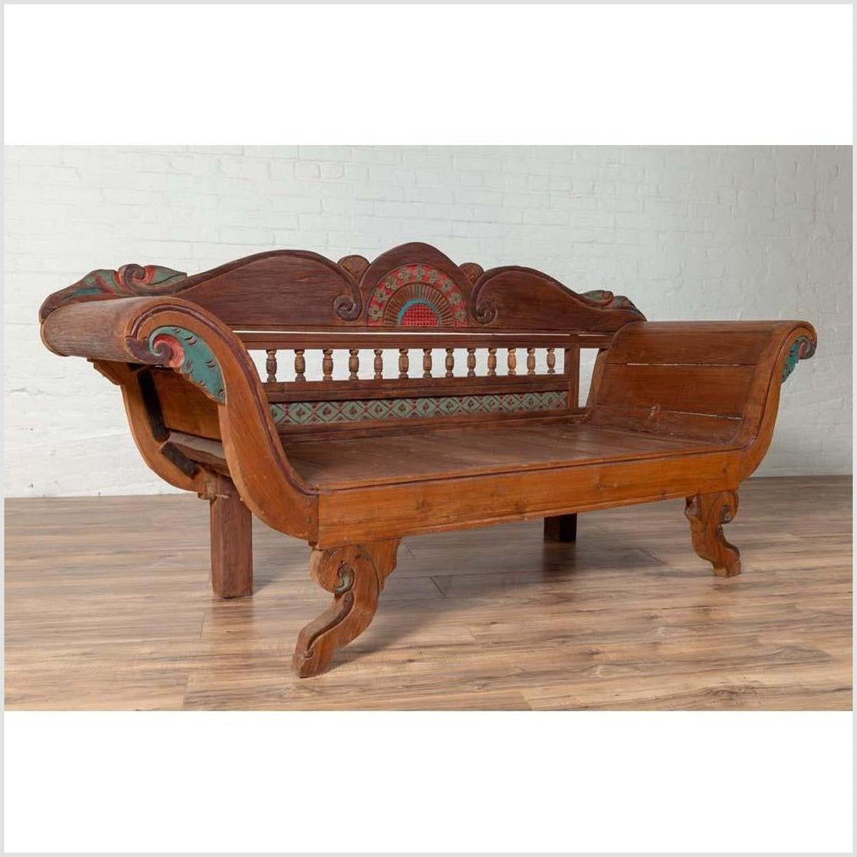 Plantation Javanese Teak Settee with Polychrome Décor and Out-Scrolling Arms-11. Asian & Chinese Furniture, Art, Antiques, Vintage Home Décor for sale at FEA Home