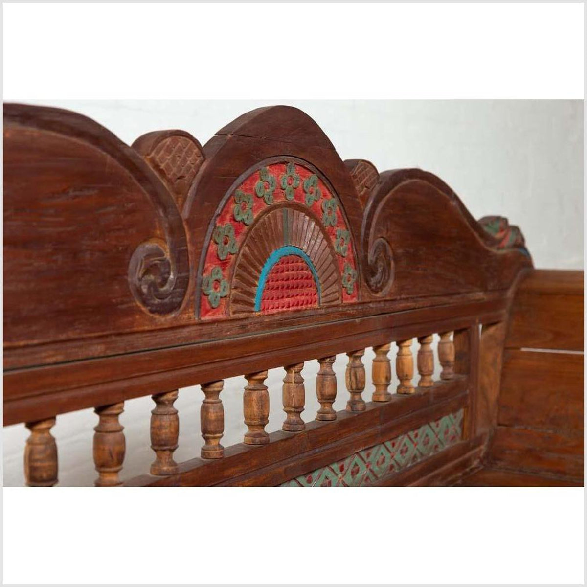 Plantation Javanese Teak Settee with Polychrome Décor and Out-Scrolling Arms-12. Asian & Chinese Furniture, Art, Antiques, Vintage Home Décor for sale at FEA Home