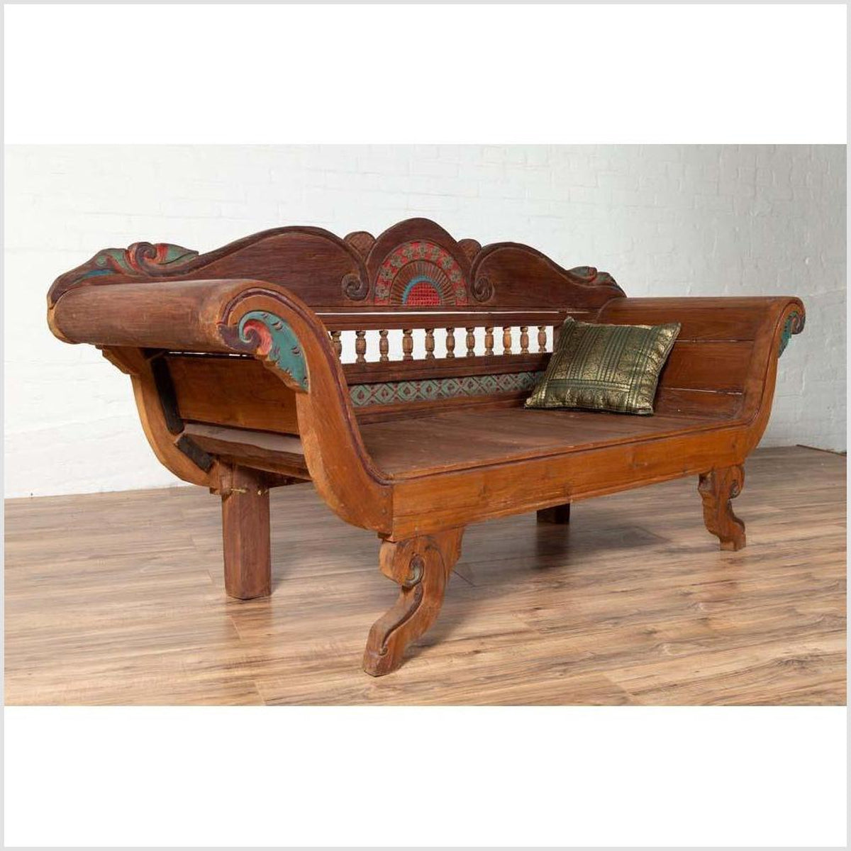 Plantation Javanese Teak Settee with Polychrome Décor and Out-Scrolling Arms-13. Asian & Chinese Furniture, Art, Antiques, Vintage Home Décor for sale at FEA Home