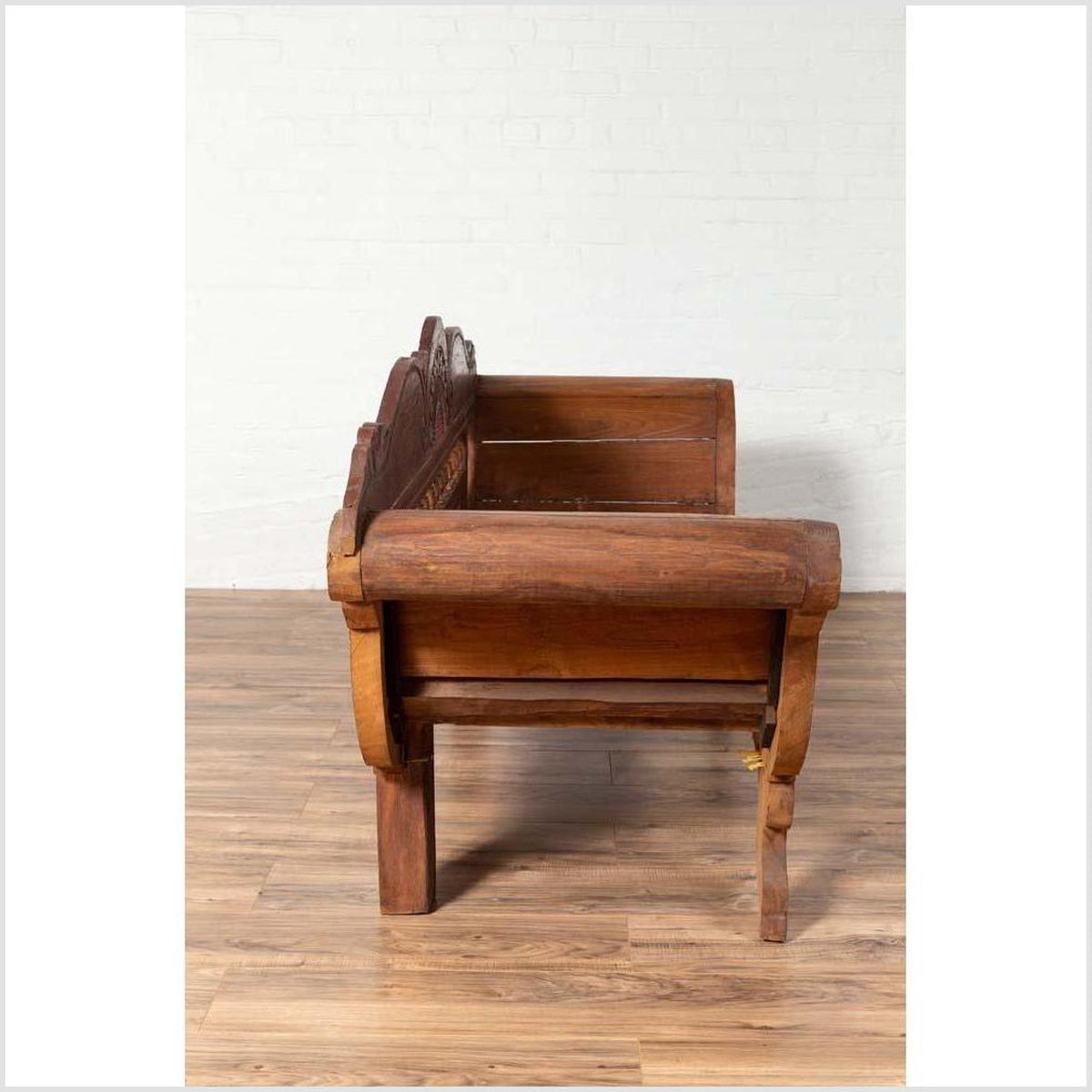 Plantation Javanese Teak Settee with Polychrome Décor and Out-Scrolling Arms-14. Asian & Chinese Furniture, Art, Antiques, Vintage Home Décor for sale at FEA Home