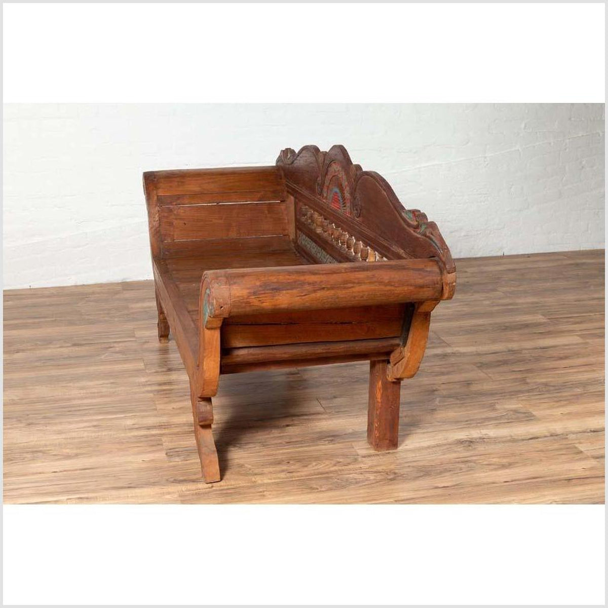 Plantation Javanese Teak Settee with Polychrome Décor and Out-Scrolling Arms-16. Asian & Chinese Furniture, Art, Antiques, Vintage Home Décor for sale at FEA Home