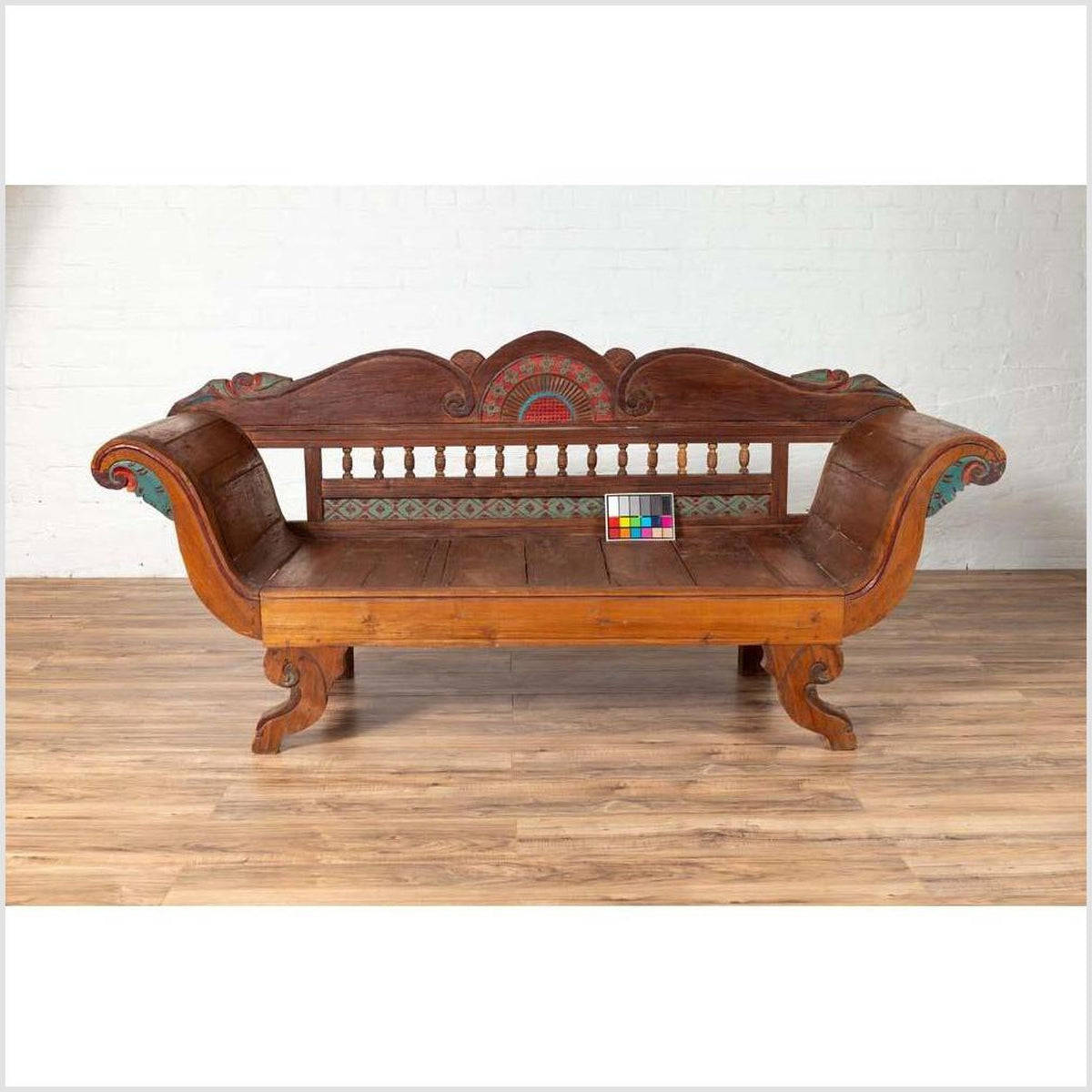 Plantation Javanese Teak Settee with Polychrome Décor and Out-Scrolling Arms-3. Asian & Chinese Furniture, Art, Antiques, Vintage Home Décor for sale at FEA Home