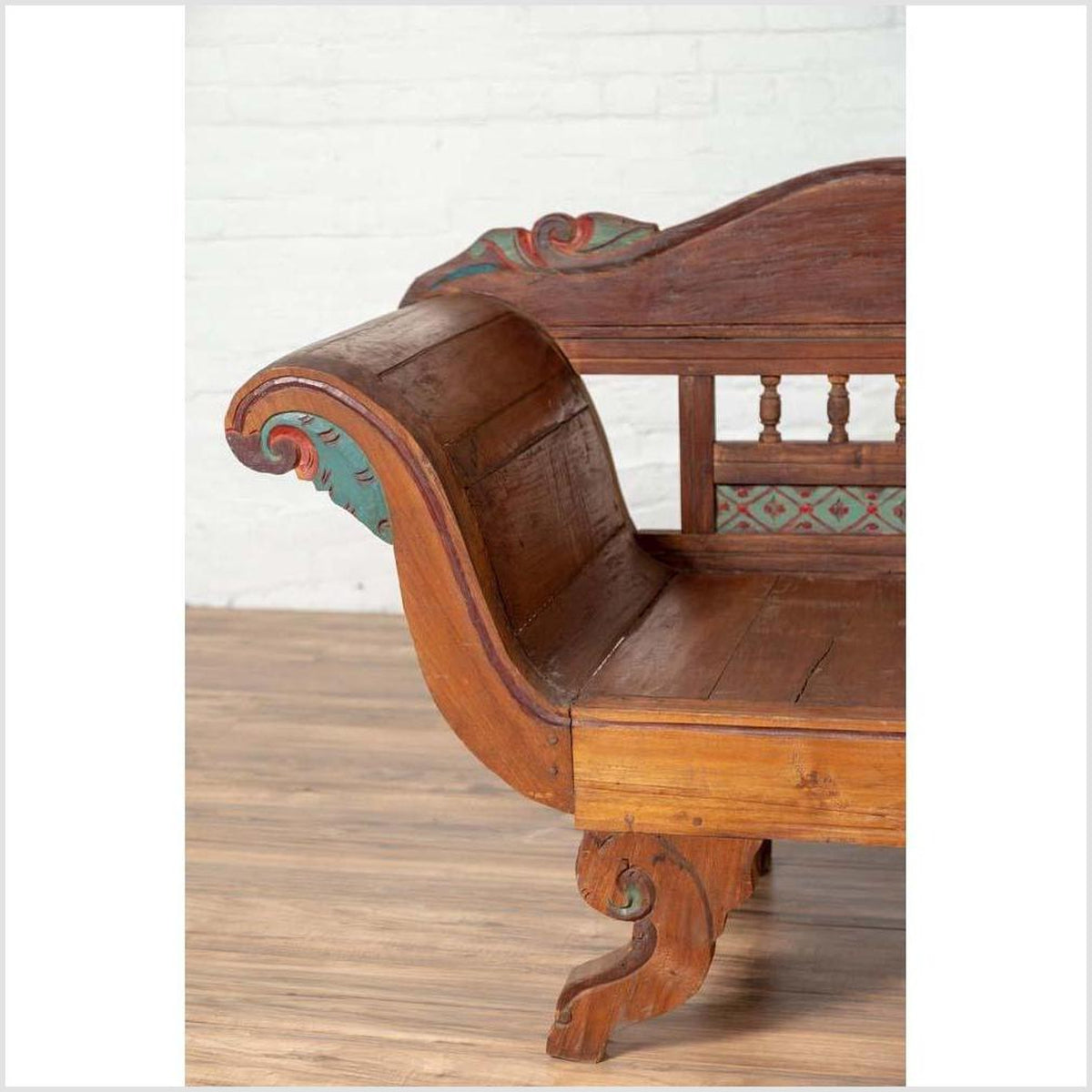 Plantation Javanese Teak Settee with Polychrome Décor and Out-Scrolling Arms-5. Asian & Chinese Furniture, Art, Antiques, Vintage Home Décor for sale at FEA Home