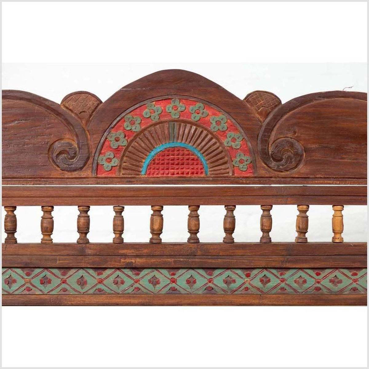 Plantation Javanese Teak Settee with Polychrome Décor and Out-Scrolling Arms-6. Asian & Chinese Furniture, Art, Antiques, Vintage Home Décor for sale at FEA Home