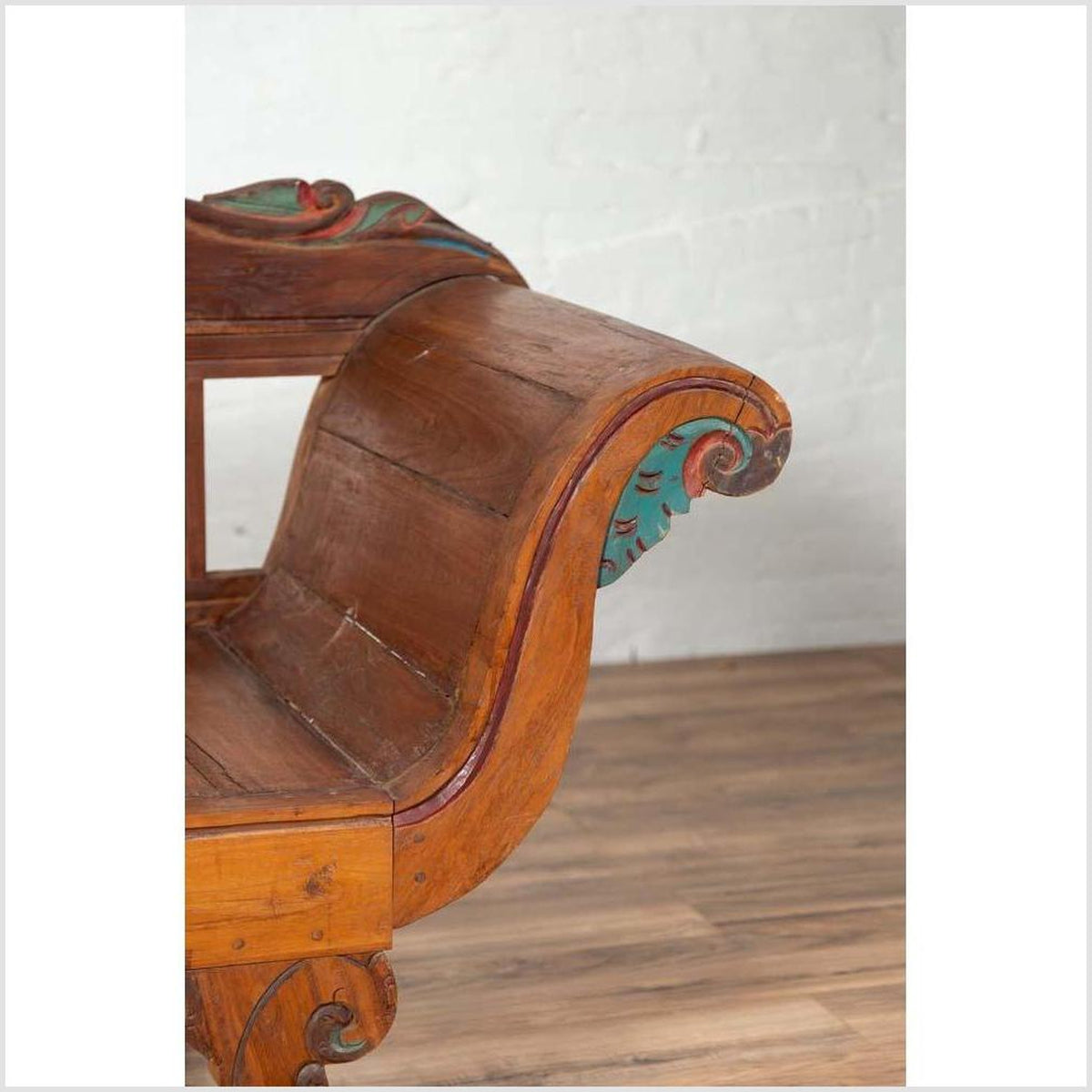 Plantation Javanese Teak Settee with Polychrome Décor and Out-Scrolling Arms-7. Asian & Chinese Furniture, Art, Antiques, Vintage Home Décor for sale at FEA Home