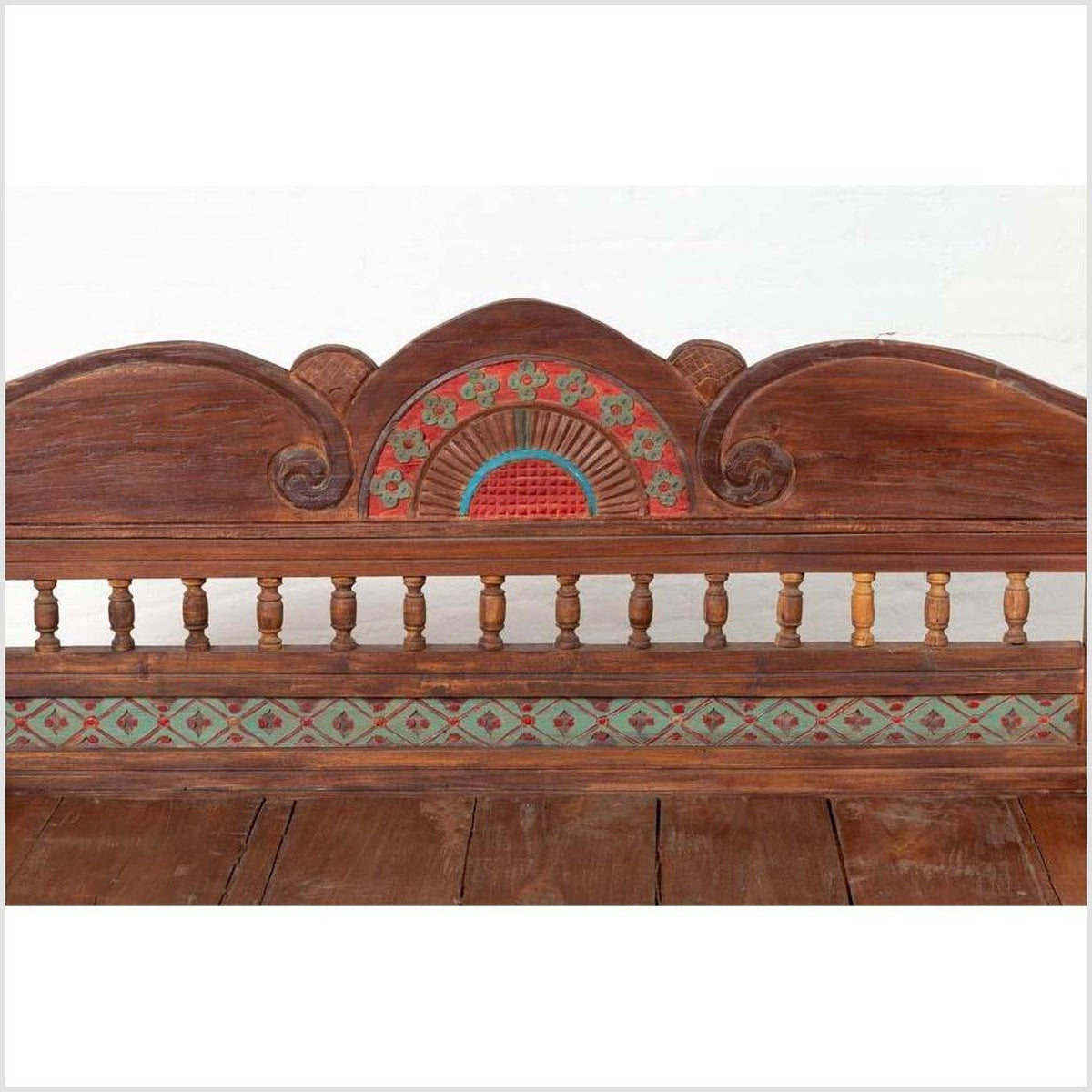 Plantation Javanese Teak Settee with Polychrome Décor and Out-Scrolling Arms-9. Asian & Chinese Furniture, Art, Antiques, Vintage Home Décor for sale at FEA Home
