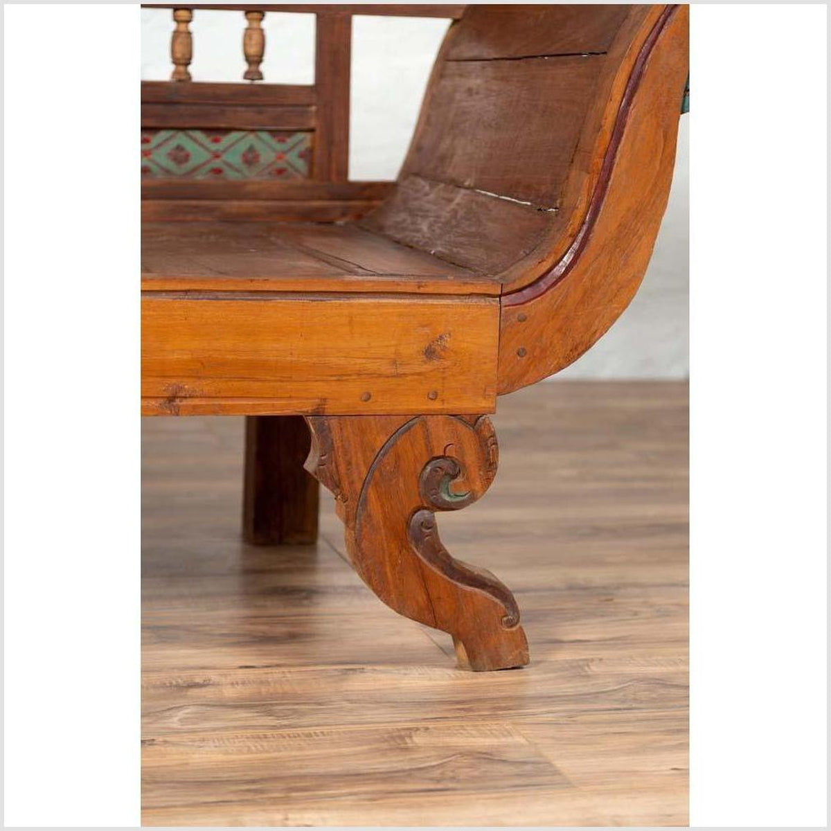 Plantation Javanese Teak Settee with Polychrome Décor and Out-Scrolling Arms-10. Asian & Chinese Furniture, Art, Antiques, Vintage Home Décor for sale at FEA Home