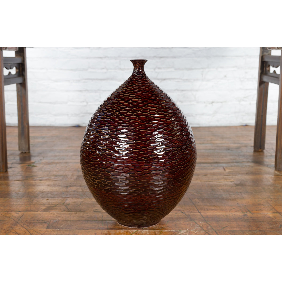 Prem Collection Handcrafted Burgundy Vase with Textured Honeycomb Style Motifs-8. Asian & Chinese Furniture, Art, Antiques, Vintage Home Décor for sale at FEA Home