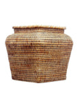 Brown rattan square basket with a wide body and narrow, slightly flared opening on a white background.