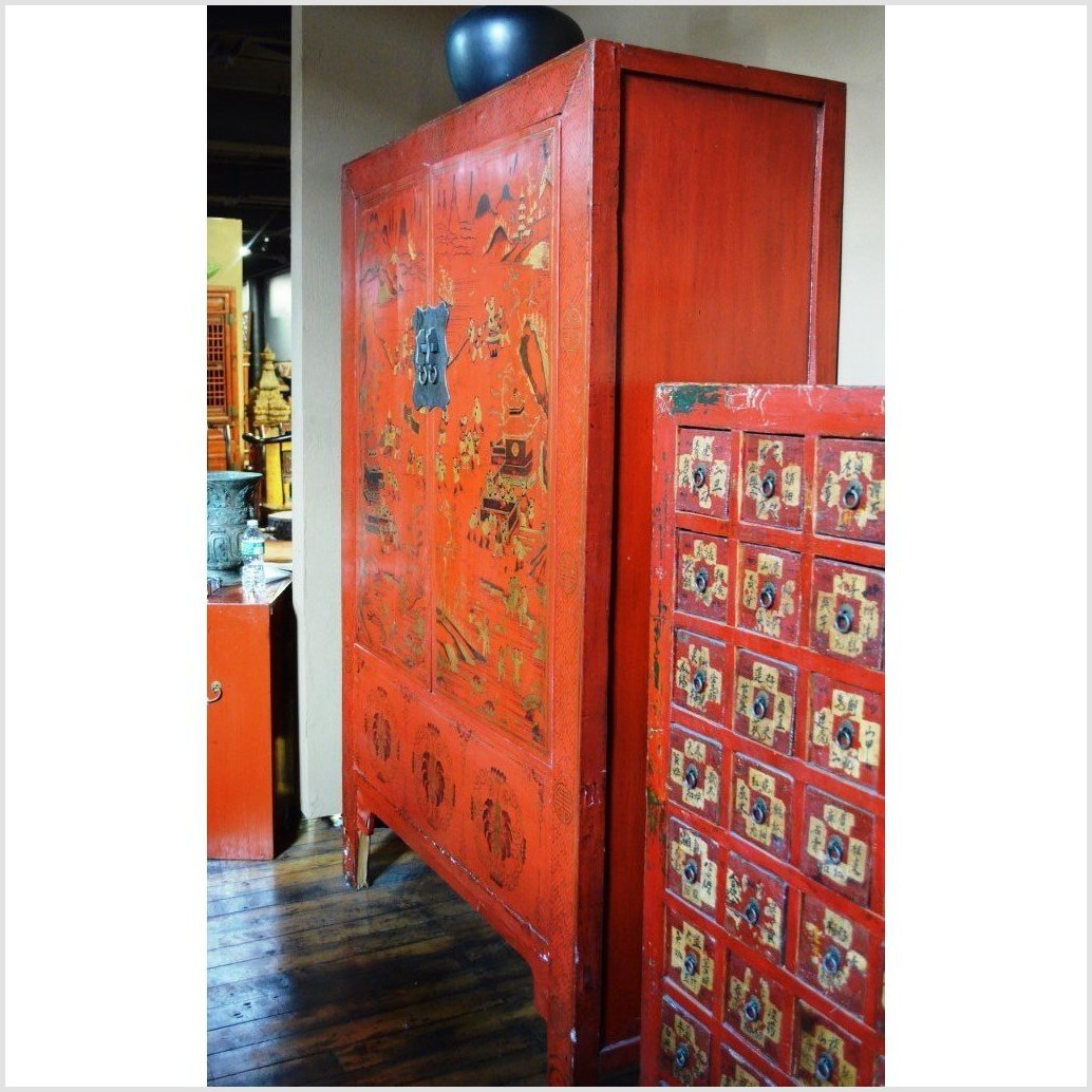 Red Compound Cabinet with Chinoiserie-3. Asian & Chinese Furniture, Art, Antiques, Vintage Home Décor for sale at FEA Home