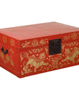 Red Lacquered Chinese Blanket Chest with Gilt Motifs and Guardian Lions-1. Asian & Chinese Furniture, Art, Antiques, Vintage Home Décor for sale at FEA Home
