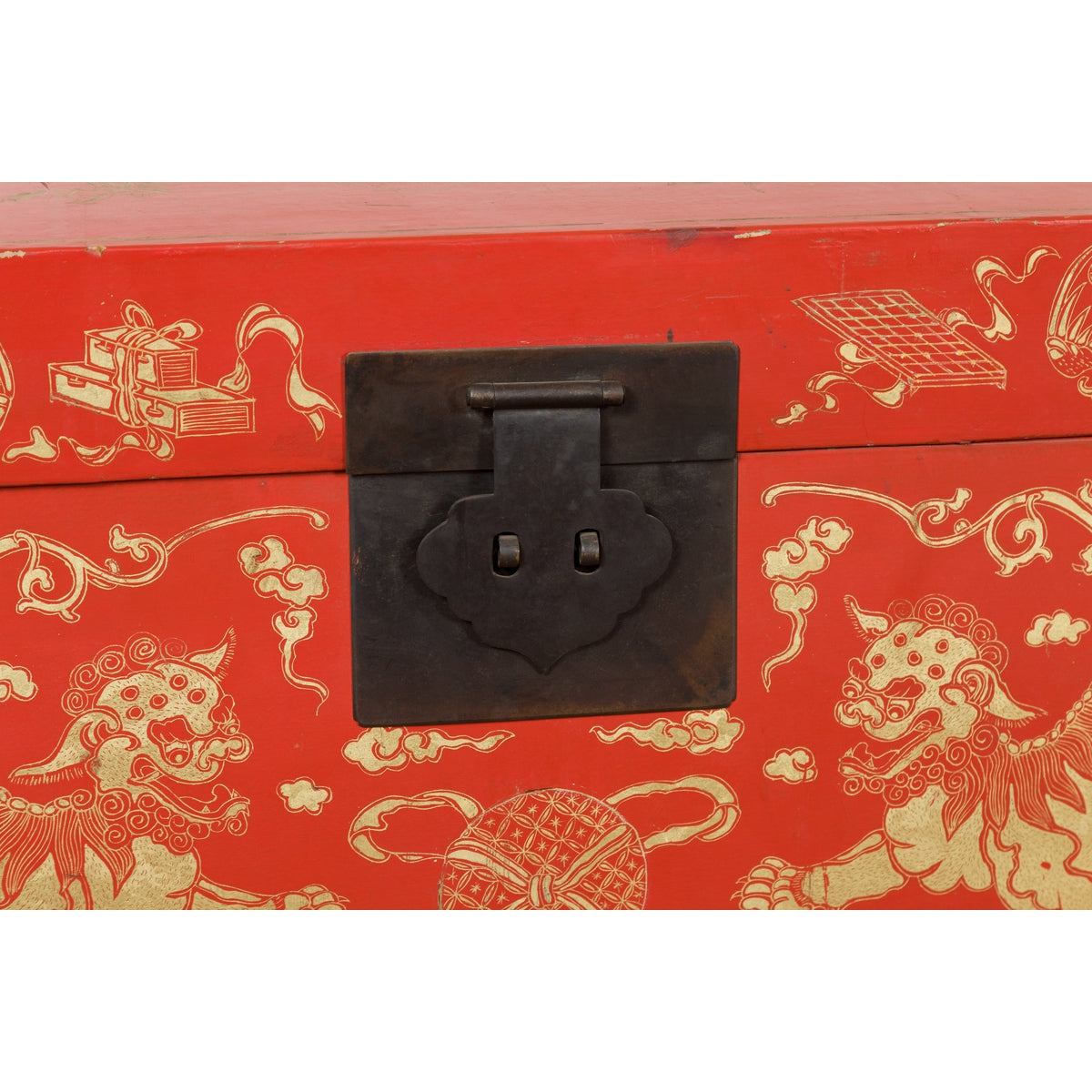 Red Lacquered Chinese Blanket Chest with Gilt Motifs and Guardian Lions-12. Asian & Chinese Furniture, Art, Antiques, Vintage Home Décor for sale at FEA Home