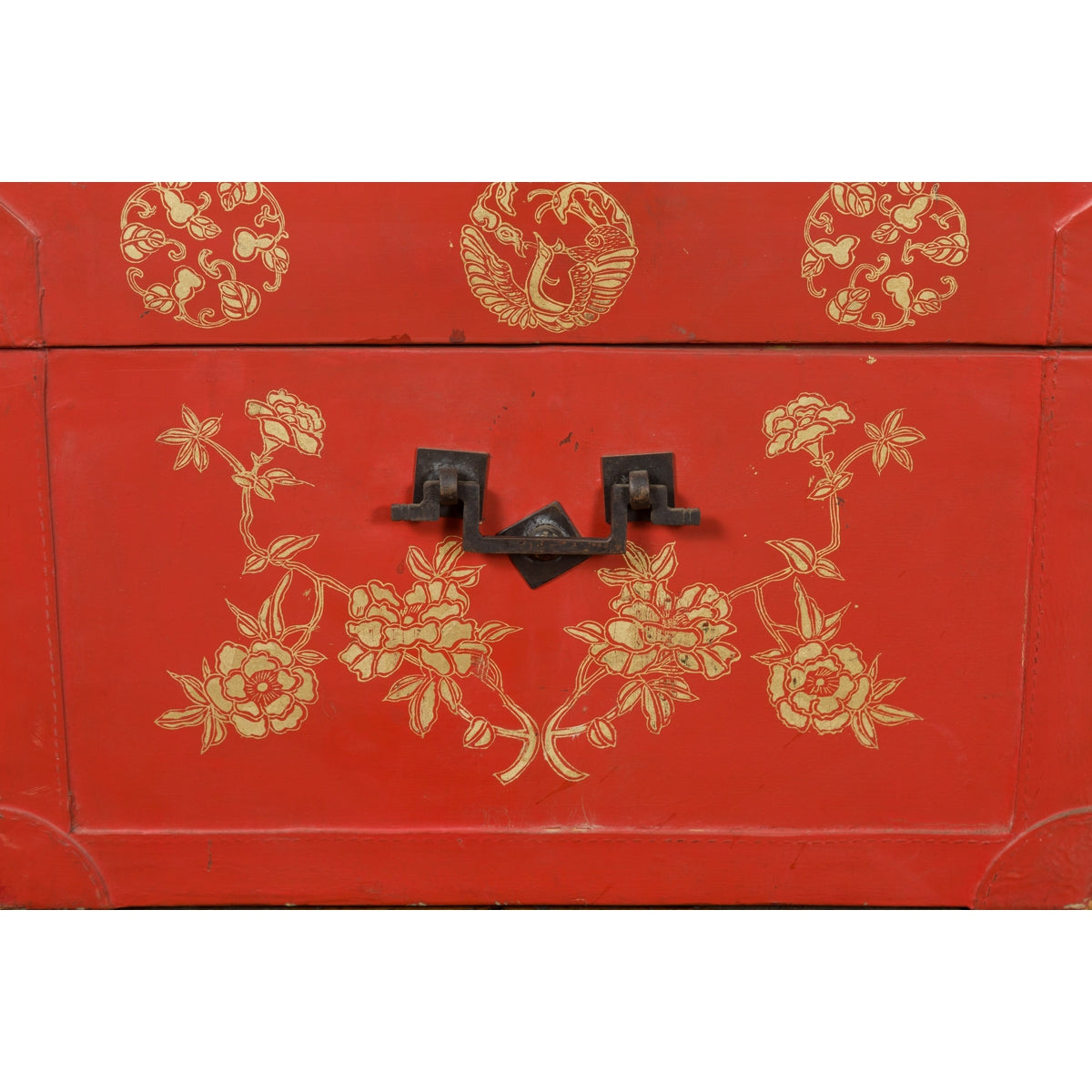Red Lacquered Chinese Blanket Chest with Gilt Motifs and Guardian Lions-13. Asian & Chinese Furniture, Art, Antiques, Vintage Home Décor for sale at FEA Home