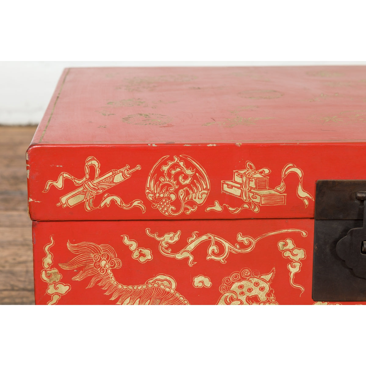 Red Lacquered Chinese Blanket Chest with Gilt Motifs and Guardian Lions-18. Asian & Chinese Furniture, Art, Antiques, Vintage Home Décor for sale at FEA Home