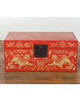Red Lacquered Chinese Blanket Chest with Gilt Motifs and Guardian Lions-2. Asian & Chinese Furniture, Art, Antiques, Vintage Home Décor for sale at FEA Home
