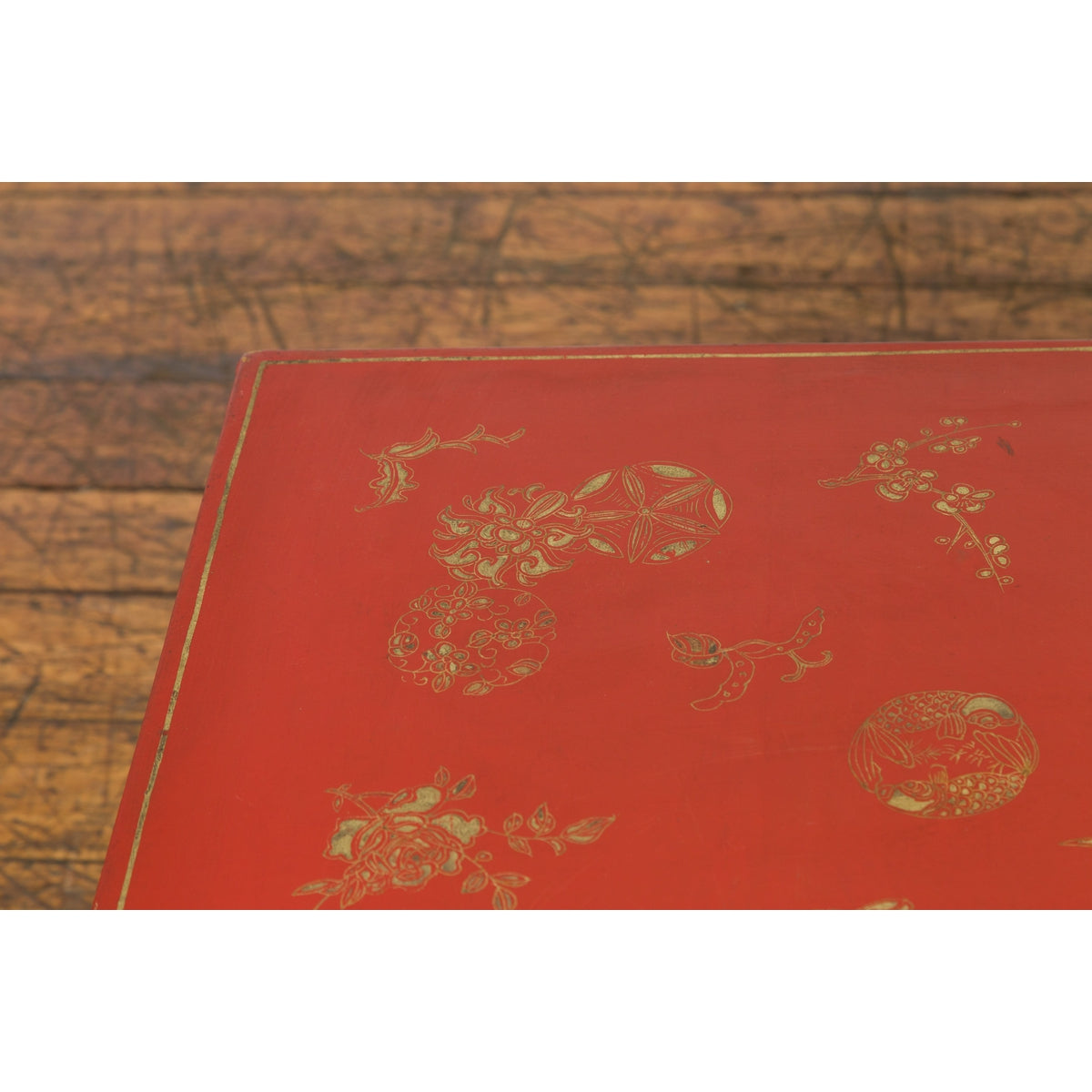 Red Lacquered Chinese Blanket Chest with Gilt Motifs and Guardian Lions-5. Asian & Chinese Furniture, Art, Antiques, Vintage Home Décor for sale at FEA Home