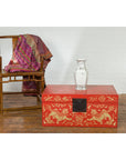 Red Lacquered Chinese Blanket Chest with Gilt Motifs and Guardian Lions-6. Asian & Chinese Furniture, Art, Antiques, Vintage Home Décor for sale at FEA Home