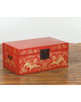 Red Lacquered Chinese Blanket Chest with Gilt Motifs and Guardian Lions-7. Asian & Chinese Furniture, Art, Antiques, Vintage Home Décor for sale at FEA Home