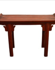 Red patina wood altar table with curved edges and four straight legs, displayed against a white background.