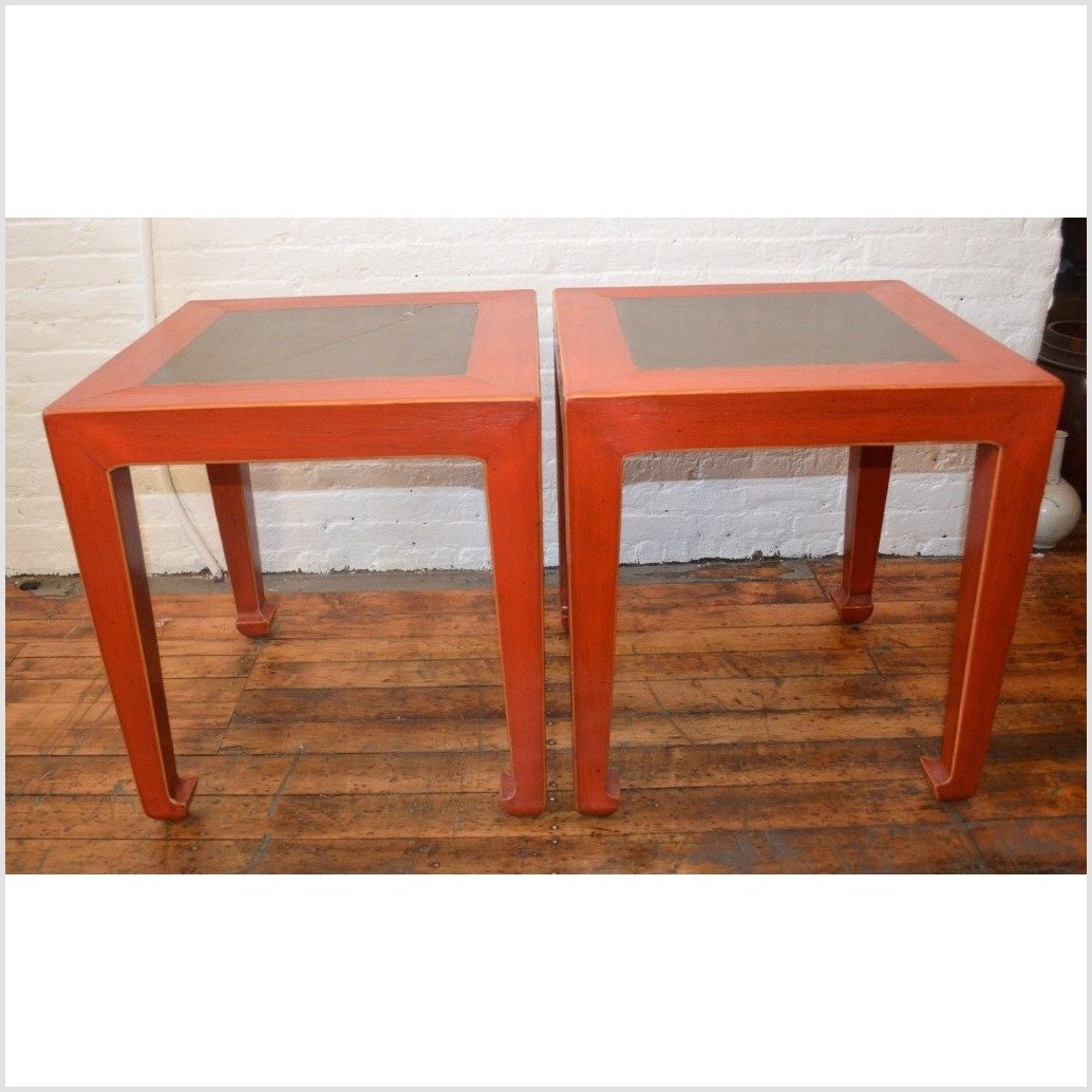 Red Side Table with Inset Floor Tile (Pair)-4. Asian & Chinese Furniture, Art, Antiques, Vintage Home Décor for sale at FEA Home