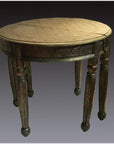 Nickel-silver demi-lune table with repousse vintage detailing and elegant carved legs, front view.