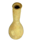 Close-up of a small brown clay Roman lacrimarium with a narrow neck and round body, used in ancient Roman tombs.