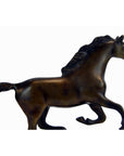 Bronze running horse sculpture with one front leg raised, close-up side view, 7.5"H x 11"L x 2"W.