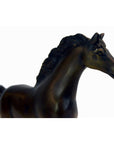 Close-up of bronze running horse sculpture on white background, 7.5 inches high by 11 inches long by 2 inches wide.