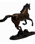 Bronze running horse sculpture, mid-gallop, close-up view, 7.5 inches high by 11 inches long by 2 inches wide.