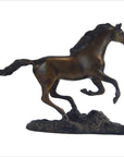 Bronze running horse sculpture on textured base, 7.5 inches high by 11 inches long, indoor setting.