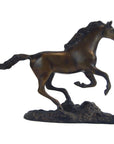 Bronze running horse sculpture on textured base, 7.5 inches high by 11 inches long, indoor setting.