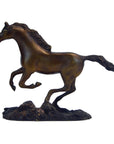 Bronze horse sculpture in galloping pose on textured base, 11 inches long by 7.5 inches high.