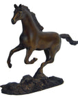 Bronze horse sculpture rearing on textured base, dark bronze color, indoor setting, 11 inches long by 7.5 inches high.