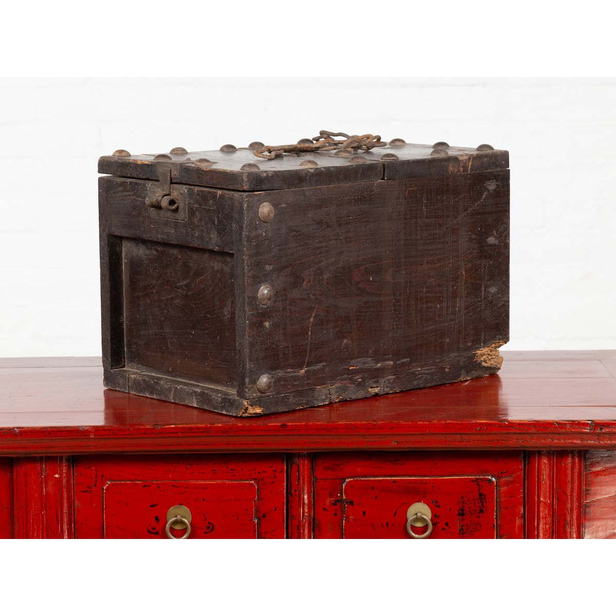 Rustic Antique Chinese Wooden Cash Box with Removable Top, Studs and Chain-11. Asian & Chinese Furniture, Art, Antiques, Vintage Home Décor for sale at FEA Home