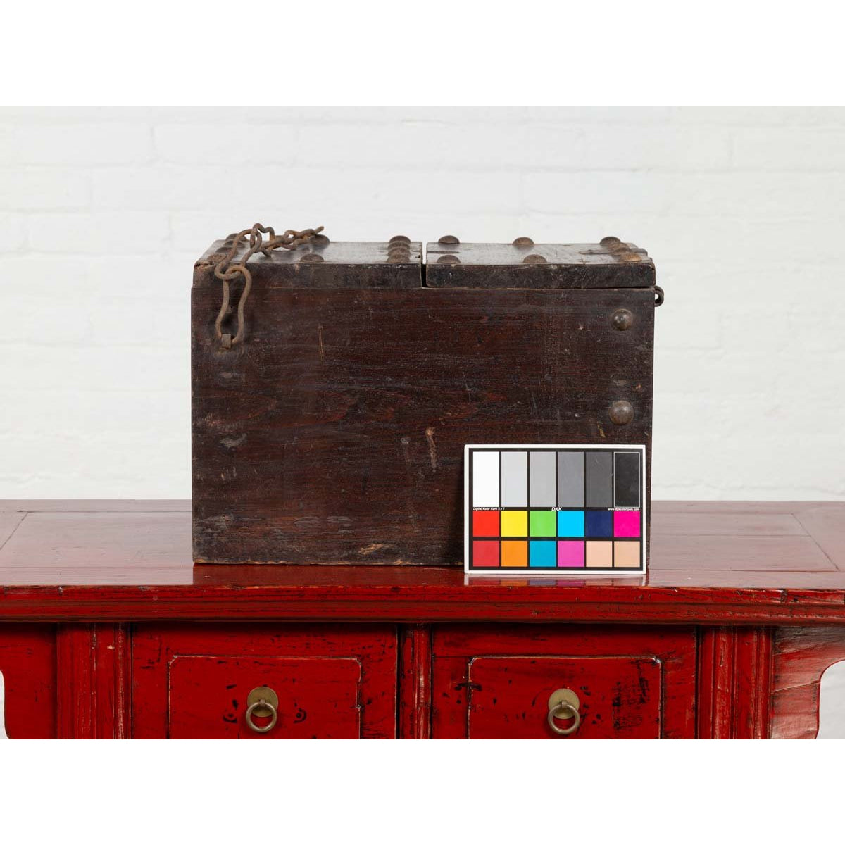Rustic Antique Chinese Wooden Cash Box with Removable Top, Studs and Chain-3. Asian & Chinese Furniture, Art, Antiques, Vintage Home Décor for sale at FEA Home