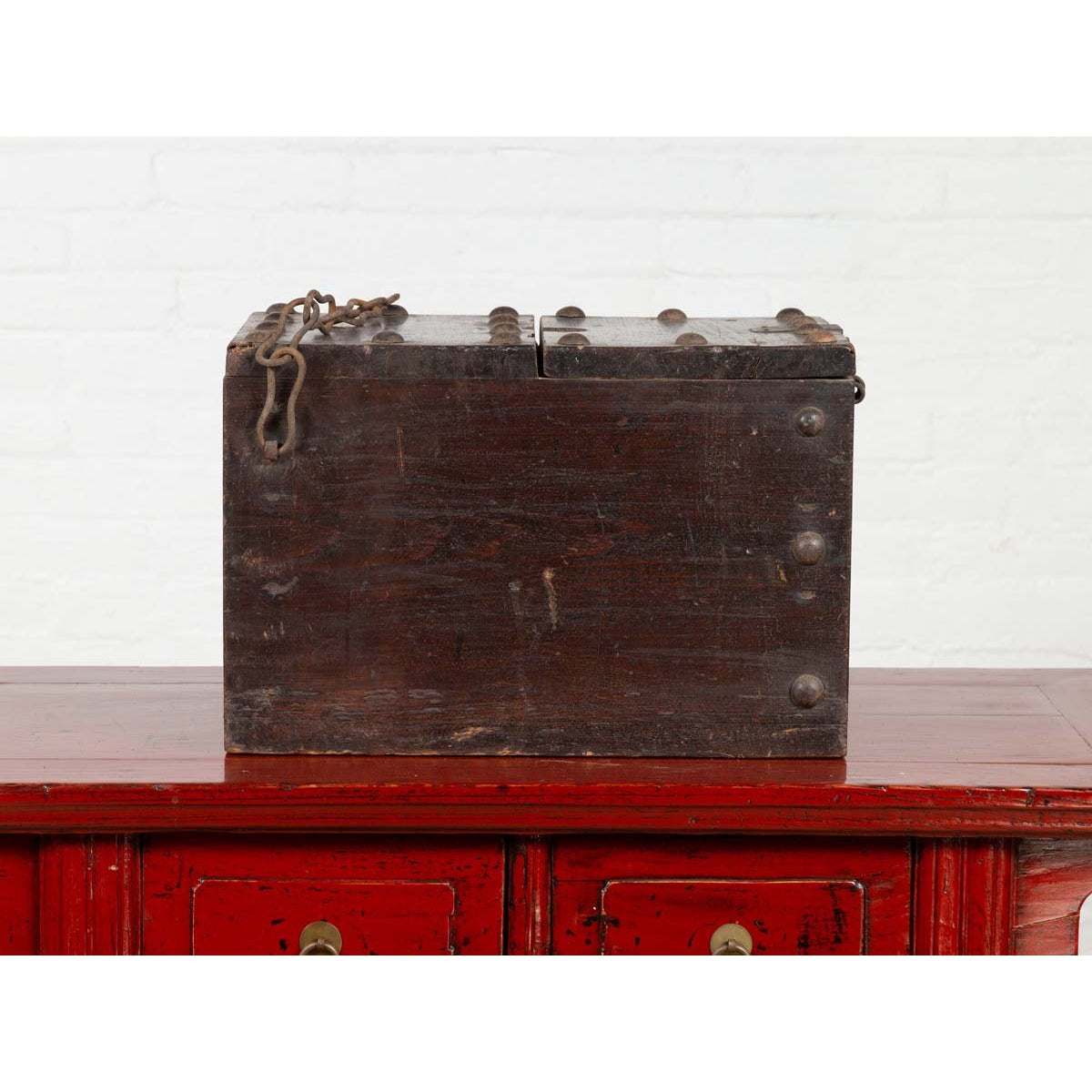 Rustic Antique Chinese Wooden Cash Box with Removable Top, Studs and Chain-4. Asian & Chinese Furniture, Art, Antiques, Vintage Home Décor for sale at FEA Home