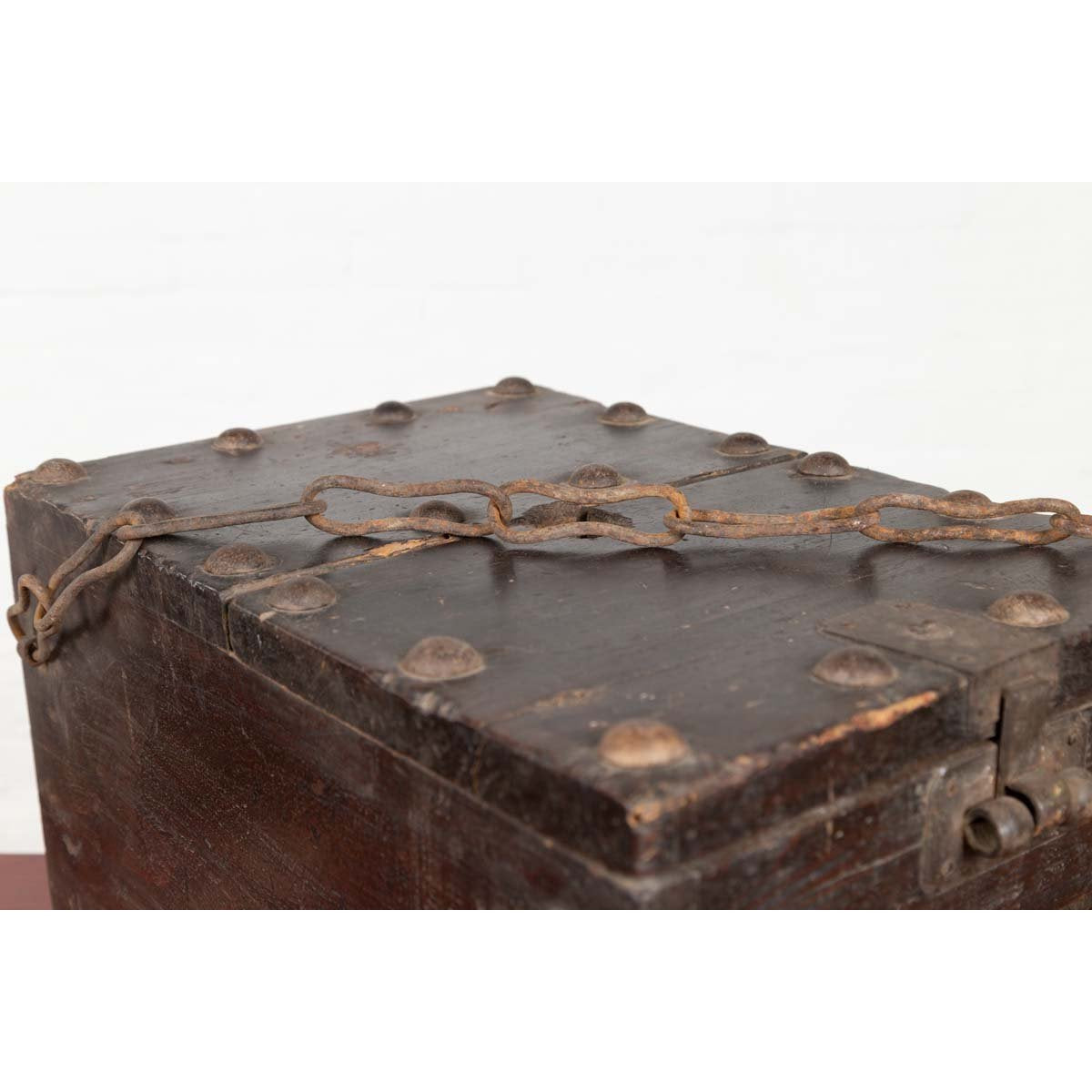Rustic Antique Chinese Wooden Cash Box with Removable Top, Studs and Chain-5. Asian & Chinese Furniture, Art, Antiques, Vintage Home Décor for sale at FEA Home