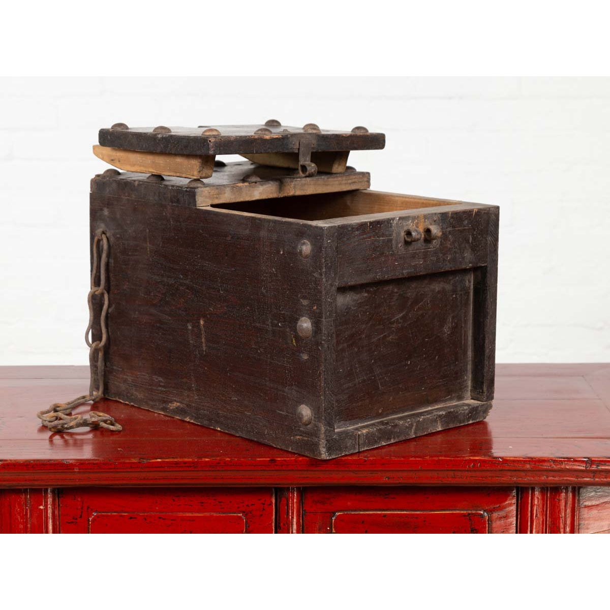 Rustic Antique Chinese Wooden Cash Box with Removable Top, Studs and Chain-9. Asian & Chinese Furniture, Art, Antiques, Vintage Home Décor for sale at FEA Home